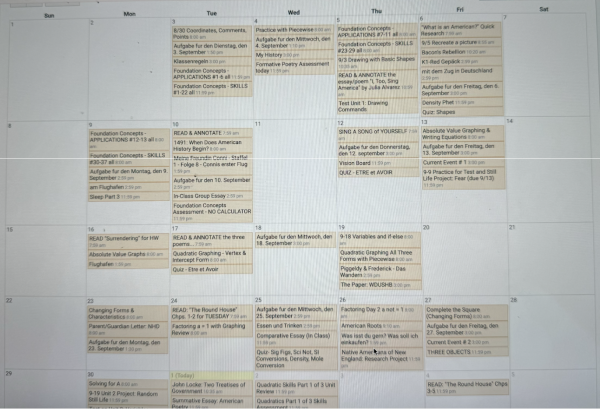 A filled schedule of a staples student showing deadlines varying from 11:59, to when the class starts.  